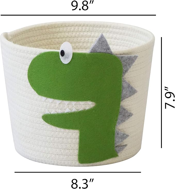 T&T Homewares Small Cotton Rope Basket with Cute Green Dinosaur for Baby Diaper Organizer, Woodland Nursery Storage, Kids Room Organizer, Baby Laundry Baskets, Cat Dog Toy Basket