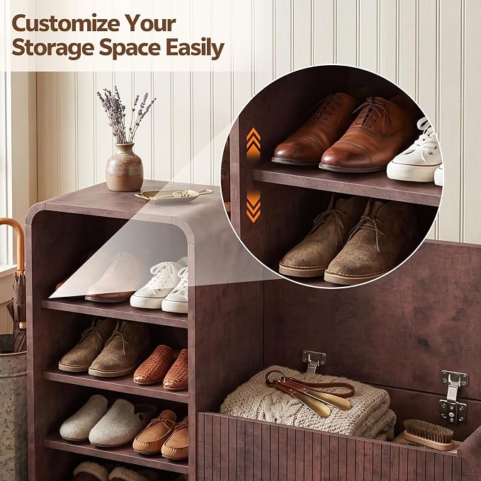 L-Shaped Shoe Storage Bench with Lift Top Box & Shelf, Walnut | Durable Wood Cabinet With Hidden Storage For Entryway, Hallway, Apartment