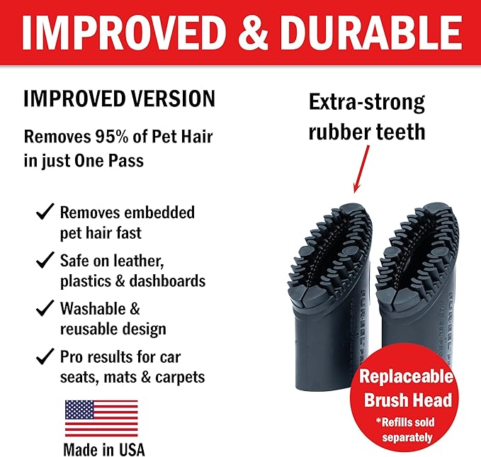 FUR-EEL PRO 2.0 Combo Pet Hair Removal Tool for Car Detailing | Universal Vacuum Attachment for Dog & Cat Hair | Fits 1-1/4" & 1-3/8" Hoses | Replaceable Soft Rubber Head | Washable & Reusable