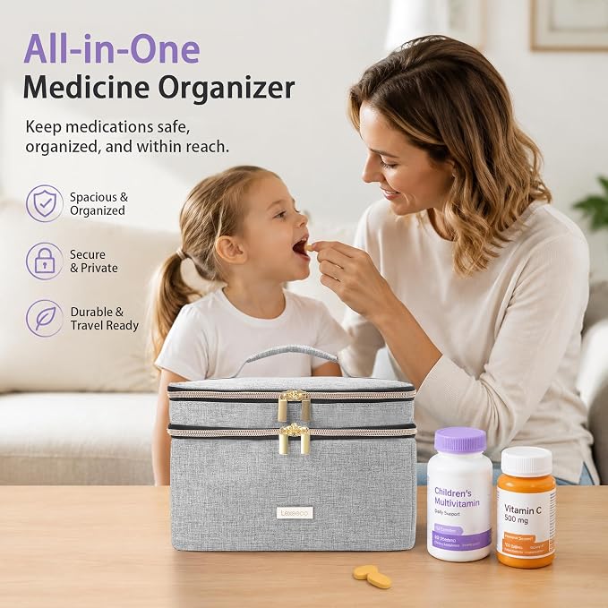 Lexeeco Medicine Storage Bag Pill Bottle Organizer with Portable Small Pouch Travel Medication Bottle Organizer for Emergency Home First Aid Box Kit (Gray) | Medication Case with Lockable Zipper for Pill,Vitamin,Medicine Storage Box for College Dorm St...