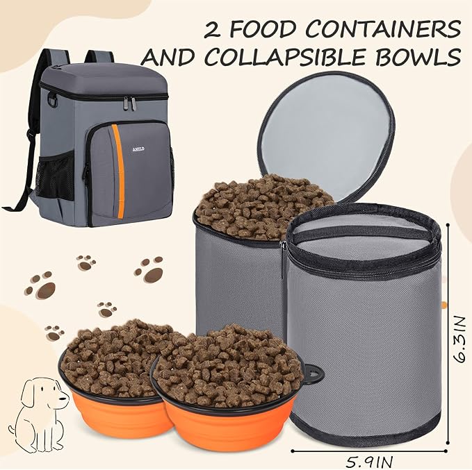 ANILD Dog Travel Bag Backpack, Flight-Ready TSA-Approved Dog Travel Bag with 2 Leak-Proof Food Canisters, 2 Foldable Silicone Bowls, Multi-Compartment Organizer for Hiking, Camping, Dog Mom Essentials