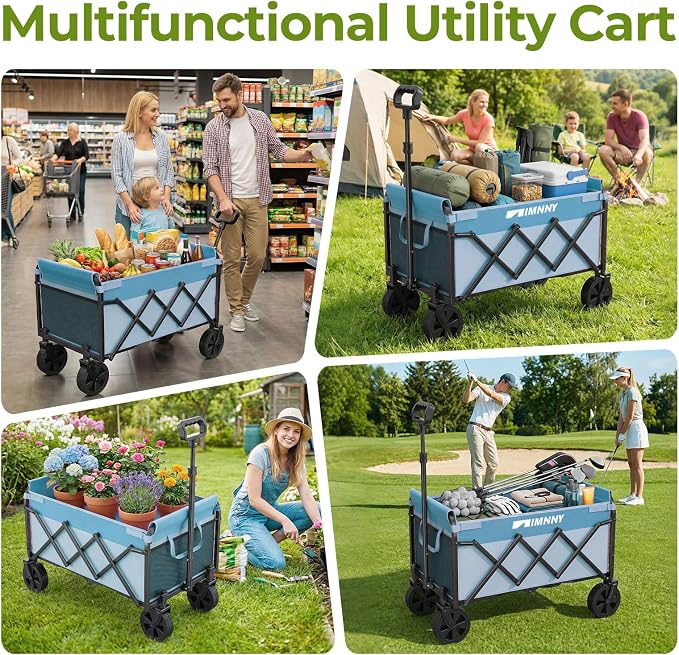 Small Collapsible Wagon Cart, Lightweight Portable Foldable Wagon with Wheels, 220lbs Utility Cart for Grocery, Light Camping, Sports, Easy to Fold & Store (Blue)