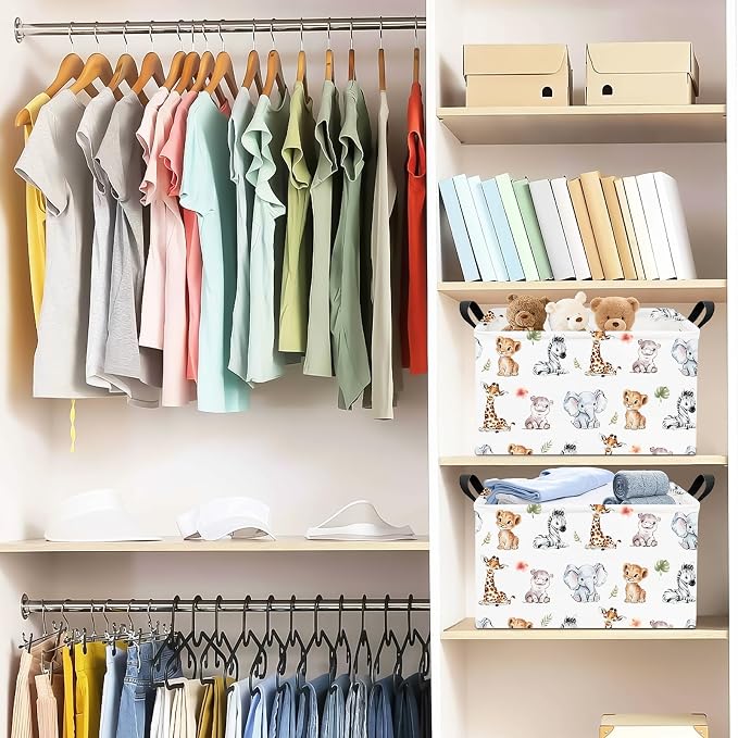 Rectangular Safari Animal Storage Bin, Fabric Closet Organizer Basket | Reinforced side grips, foldable container arranges wardrobe and bedroom daily belongings