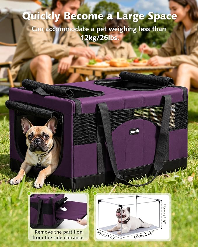 Pecute Cat Carrier, Soft Double Pet Crate for 2 Cats Travel, Purple | Anti-Collapse Steel Frame, Convertible Dual Space, Foldable, Polyester Breathable mesh, Up to 26 lbs, Car Travel & Vet Visits