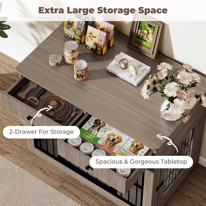 Dog Crate Furniture-Farmhouse Dog Kennel with Drawers, 40 Inch | Heavy Duty End Table, Wooden Decorative Pet Crate, Furniture Crate Dog iIndoor for Small Medium Large Dog, Oak Grey