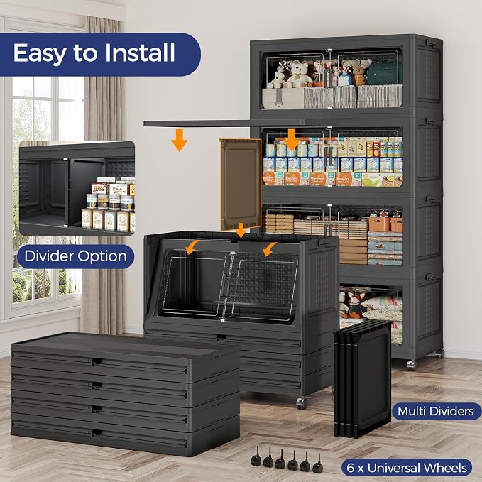 250Gal Stackable Storage Bins with Lid 5-Tier Collapsible Cabinet Closet Organizer Box with Wheels, 1000QT Large Plastic Drawer Container with Doors for Clothes Kitchen Organizing, Black
