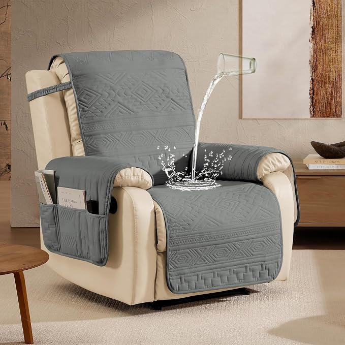 Boho Gray Quilted Recliner Covers, Water-Repellent Recliner Slipcovers, Lazy Boy Chair Covers, Pet Friendly Recliner Cover for Dogs Cats, Washable Furniture Protector (Recliner 22", Gray)