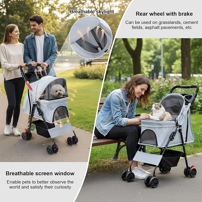 4 Wheel Pet Stroller for Small Medium Dogs, Foldable Cat Carriage with Breathable Mesh Windows, Cup Holder and Storage Basket, Portable Animal Strolling Cart Holds up to 22lbs Grey