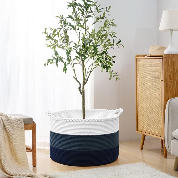 67L Large Woven Blanket Basket, Cotton Rope Baby Laundry Hamper with Handles, Kids Toy Basket for Classroom & Nursery, Soft Round Stuffed Animal Storage, Dog Toy Bin - 20"x13", Dark Blue