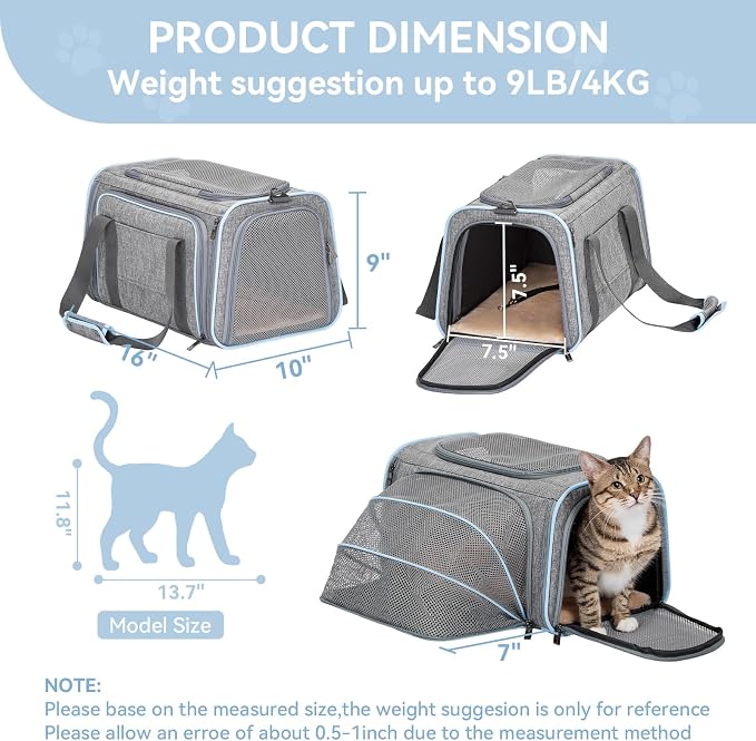 Petsfit Small Expandable Cat Carrier for Air Travel, Up to 9 lb | 16 x 10 x 9 in; sized for Alaska Airlines, with locking zippers, an interior safety tether and multi-side ventilation.