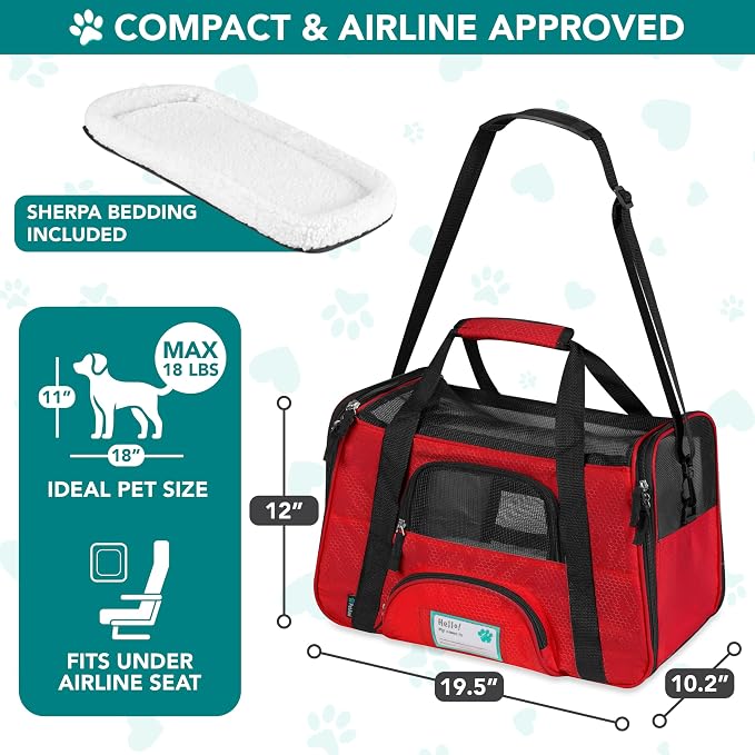 PetAmi Airline Approved Pet Carrier for Cats & Small Dogs, Large, Red | Soft Sided TSA Travel Bag, Sherpa Bed, Breathable Mesh Ventilation, Collapsible Bowl, Fits Under Seat, Up to 18 lbs