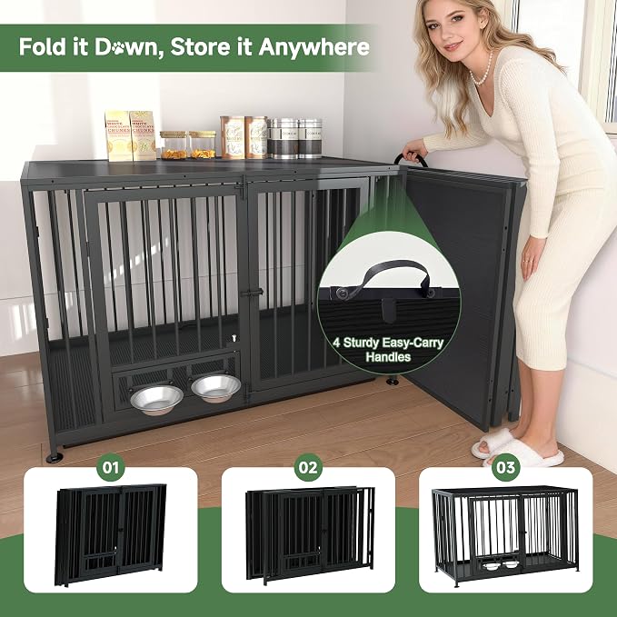 43.3" Heavy Duty Large Dog Crate with Wheels & Feeding Bowls, 3 in 1 Foldable Extra Large Dog Kennel & Playpen, Indestructible Escape-Proof Metal Dog Cage for Large Dogs, Indoor Outdoor, Black