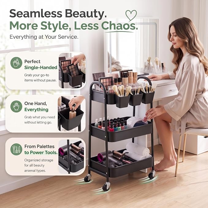 3 Tier Rolling Cart Metal with Wheels, Heavy Duty Three Tiered Rolling Storage Cart on Wheels, Black Utility Roller Carts Organizer for Baby, Art, Craft, Snack,Book, Nail, Diaper Caddy, Cleaning, Dorm