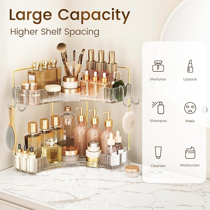 Corner Bathroom Counter Organizer 2 Tier Bathroom Organizers | Storage Countertop with Hooks Skin Care Exquisite Vanity Organizer Countertop Bathroom Storage Dresser, Kitchen-Clear