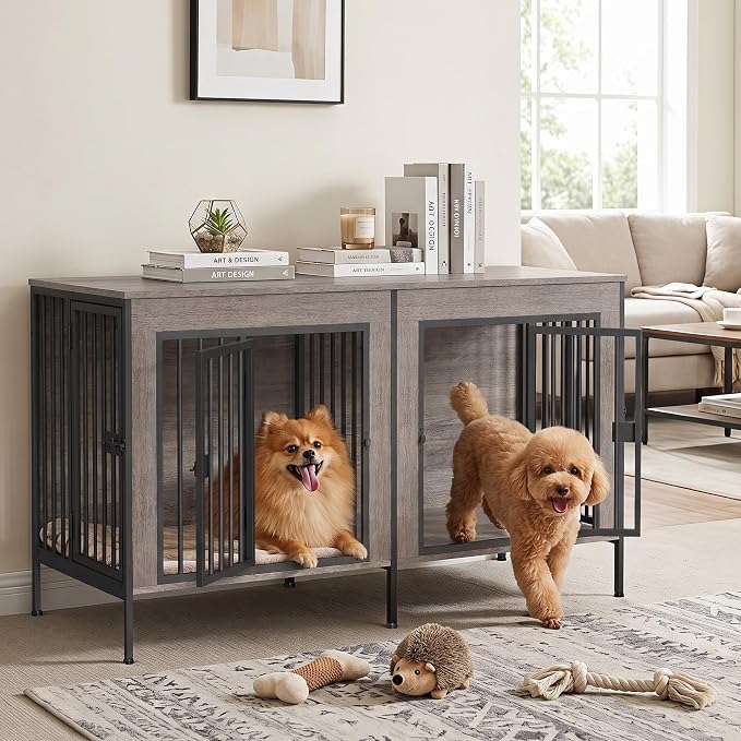 EasyCom 55" Wooden Double Dog Crate Furniture, Removable Divider, Oak Grey | Raised Legs, For 1–2 Small to Medium Dogs, Multiuse TV, Plant & Display Stand
