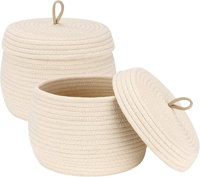 Sea Team Round Woven Cotton Rope Storage Basket with Lid, Cream, 2-Pack | Lidded Knitted Decorative Storage Bin, Pot, Caddy, Organizer, Container for Snacks, Towels, Plants, 10 x 7.5 Inches