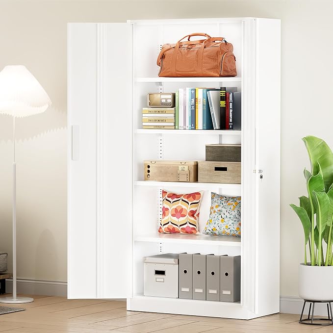 Greenvelly White Metal Storage Cabinet, 72" Locking Storage Cabinets with Doors and 4 Shelves, Tall Tool Storage Cabinet for Garage, Steel Lockable File Cabinet Metal Locker for Home Office, Classroom