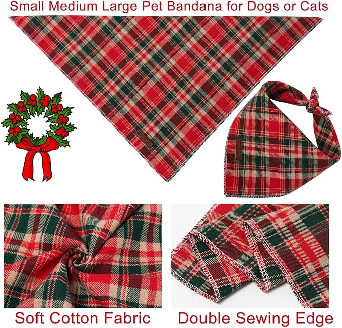 Christmas Plaid Dog Bandana–Red and Green Checked Triangle Scarf for Small Medium Large Dogs, Soft Cotton Pet Bib for Winter & New Year, Adjustable Dog Kerchief