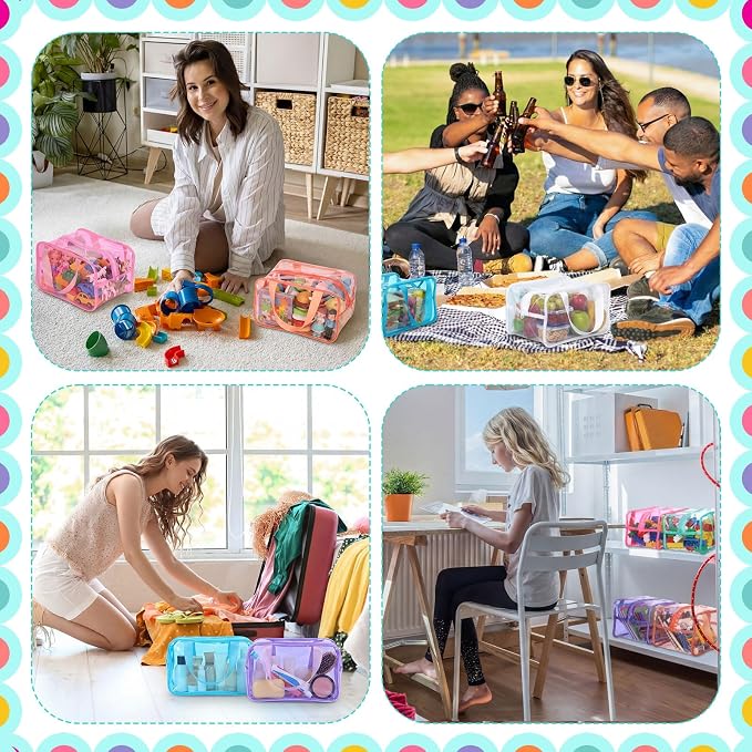 Shinylin 6 Pack Pastel Large Toy Storage Bags with Zipper 9.8 x 5.9 x 7.1 Inch Reusable Waterproof PVC Board Game Storage Bags with Labels for Puzzles Building Blocks Book Stationery