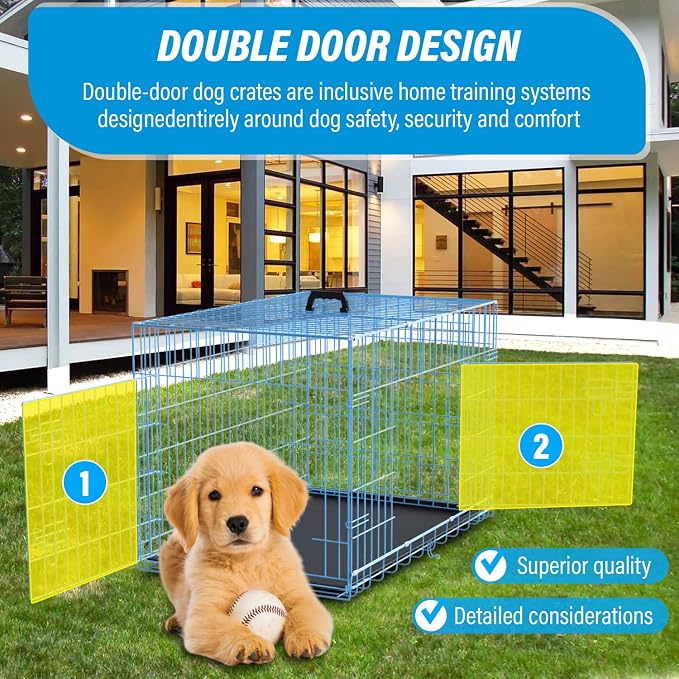 Dog Crates for Small Dogs 30" Folding Mental Wire Crates Dog Kennels Outdoor and Indoor Pet Dog Cage Crate with Double-Door,Divider Panel, Removable Tray,Blue