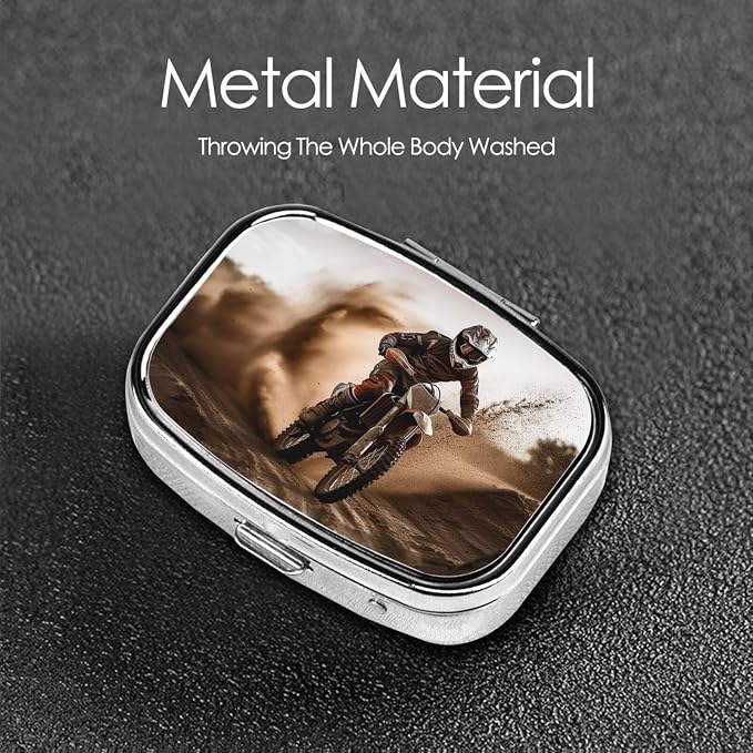 Motocross Pill Box 2 Compartment Medicine Pill Organizer Square Pill Case for Purse & Pocket Travel Pillbox Portable Metal Medicine Vitamin Fish Oil Organizer Unique Gift