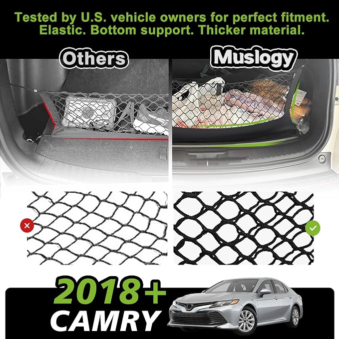 Muslogy Cargo Net for 2018-2025 2026 Toyota Camry Accessories | Custom Fit, Trunk Storage Organizer Net for SUV Sedan Van Divider, with Heavy Duty Carabiners, Night Visible Grab Handle