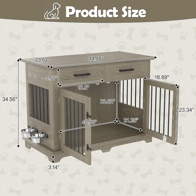 44.48" Large Dog Crate, 3-in-1 Wooden Dogs Crate End Table TV Stand Furniture with 2 Storage Drawers and Rotating Bowls, Decorative Pet House Dog Crates for Small/Medium Dogs, Gray