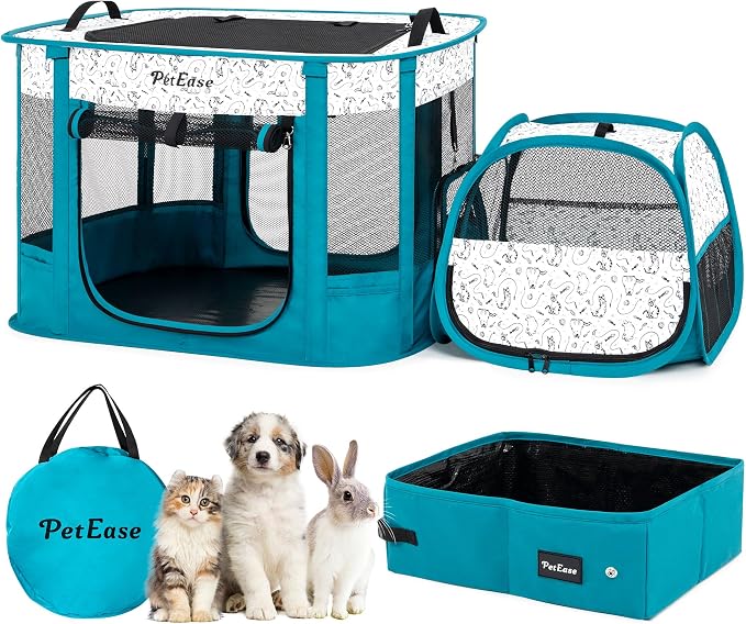 Portable Cat Playpen with Litter Box, Cat Enclosure for Camping, Cat Recovery Playpen After Surgery, Foldable Indoor Outdoor Pet Tent for Cats Rabbits Puppies (Peacock Blue)