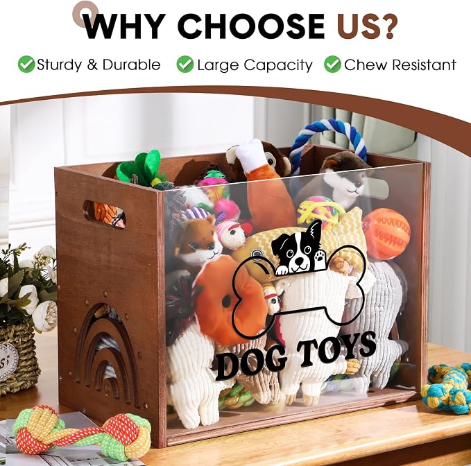 Beeveer Large Dog Toy Basket Dog Toy Box Wooden Storage Bin with Acrylic Board Storage Box for Puppy Toys Pet Food and Accessories Organizer Holder Basket for Living Room Area(Brown, Dog)