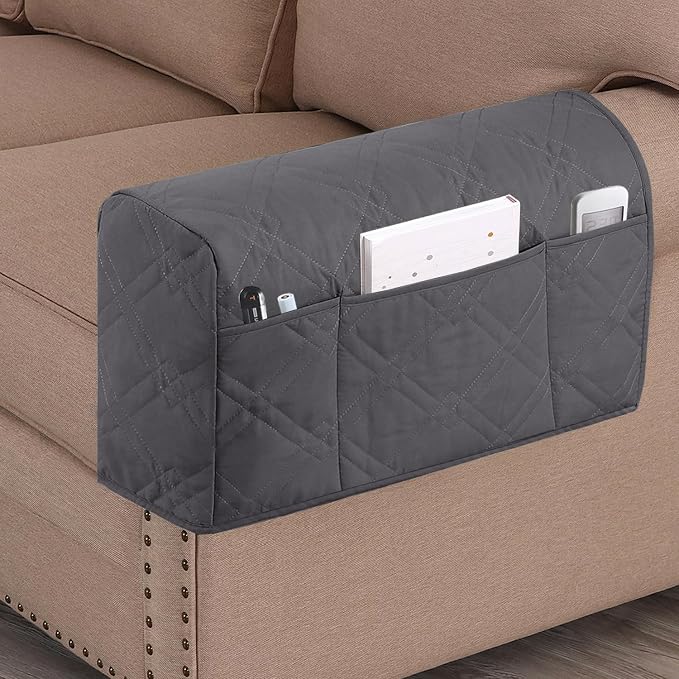 2-Pack Waterproof Armrest Covers for Couches & Chairs – Anti-Slip Furniture Protectors with Side Pockets, Washable Sofa Arm Covers, Universal Stretch Fit (Fits Most Armrests)(Gray)