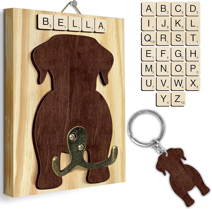 Labrador Retriever Dog Leash Holder Wall Mount with Scrabble Letters, Wooden Dog Wall Hook Organizer, Pet Collar and Harness Holder Entryway, Key Hook & Leash Rack, Home Decor for Pet Lovers PF297-48