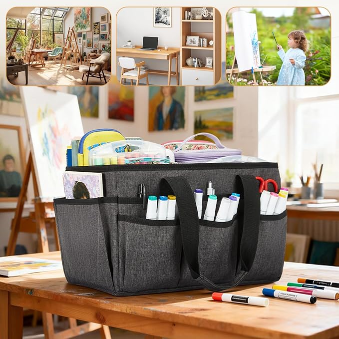 Craft Organizer Tote Bag, Art Storage Caddy with Multiple Pockets | Art Supplies Storage, Sewing Bag, Scrapbooking for School, Home and Office (Grey)