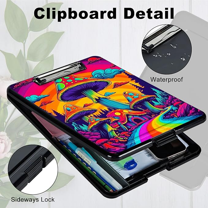 Rainbow Road Mushroom A4 Clipboard with Storage Pen Holder, Clipboards Organizer Nursing Clipboard Foldable File Folder Plastic Clipboard Folio Clip Board for Office Students Classroom