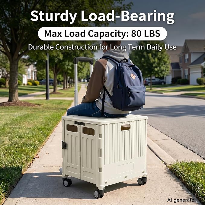 Foldable Rolling Storage Crate with Lid, Telescopic Handle & 4 Wheels, Portable Camping Shopping Box
