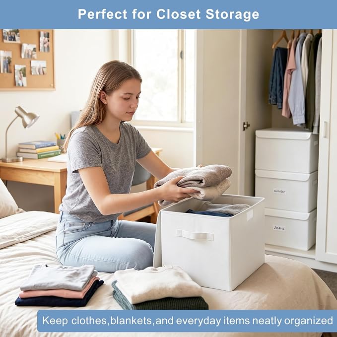 Large 22 Quart Linen Fabric Foldable Storage Bin Cube Organizer Basket with Flip-Top Lid & Handles, Clothes Blanket Box for Home, Office, Closet, White, 4 Pack 14.6 x 9.5 x 9.5”