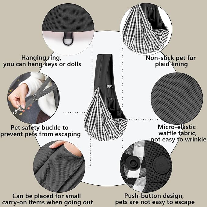 Dog Sling Carrier Soft Breathable for Small Dogs Cats 3-12 lb Black | Cat sling & dog carrier sling with safety tether, organizer pocket, soft fabric. Perfect for travel, hiking,outdoor