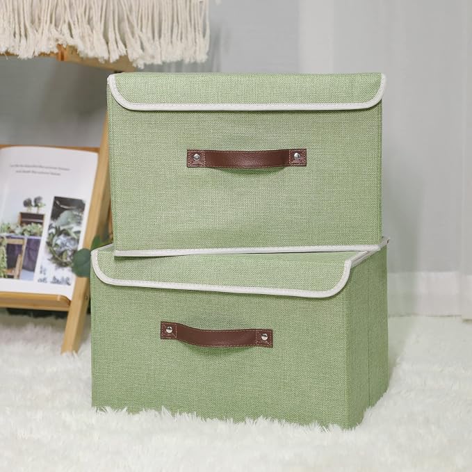 ANMINY Fabric Storage Box Bins with Lids, Green, 13"x9"x7.9" | Keepsake Memory Storage, Cotton Linen, PP Board Reinforced, Washable, PU Handles, Foldable & Stackable, Decorative, Medium