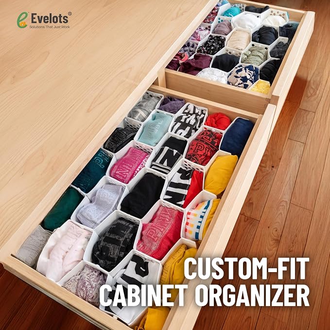 Evelots 8-Pack Honeycomb Drawer Organizers, 224 Cells, Expandable, White | Expandable modular dividers create 224 cells to organize socks, underwear, bras & baby clothes in dresser and closet drawers.