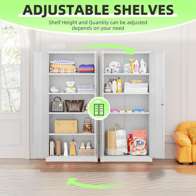 Crownland 72" Metal Storage Cabinet, Lockable Garage Storage Cabinets, High Office Cabinet with Adjustable Shelves for Home Office, Pantry, Garage, Classroom, File(White-Narrow Size)