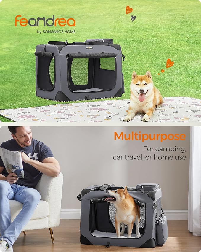 Feandrea Collapsible Soft Dog Crate, Portable Travel, 28 Inches | Dog Carrier Kennel with Safety Zippers for Living Room, Car, Travelling, Gray UPDC70GY