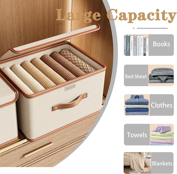 Tuza 4 Pack Storage Bins with Lids, Collapsible Closet Organizer Container, Fabric Organizer Box with Handles, Decorative Storage Boxes with Lids for Organizing Clothes, Blanket, White, Extra Large