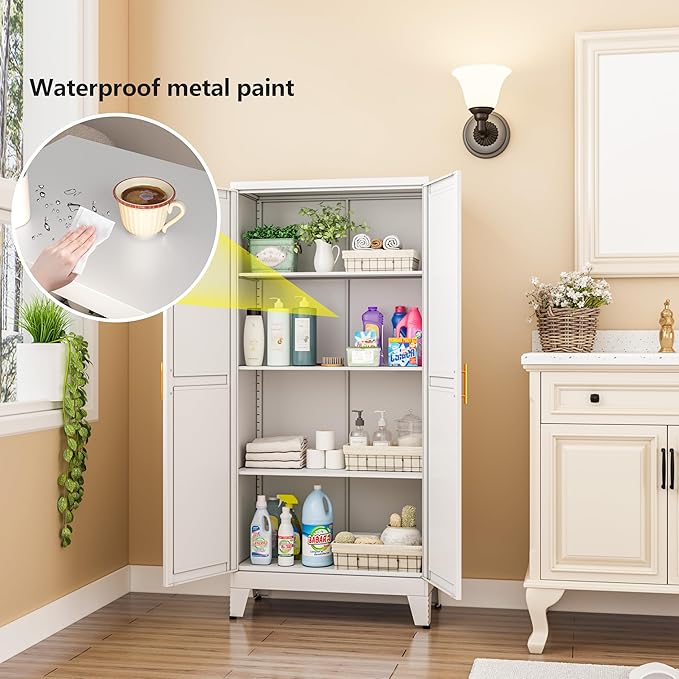 White Kitchen Pantry Cabinets, 48" Metal Storage Cabinet for Office | Steel Kitchen Pantry Storage with Doors and 3 Adjustable Shelves, for Office, Home, Garage, School