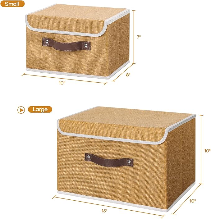 ANMINY Fabric Storage Box Bins with Lids, Khaki, 15"x10"x10" | Keepsake Memory Storage, Cotton Linen, PP Board Reinforced, Washable, PU Handles, Foldable & Stackable, Decorative, Large