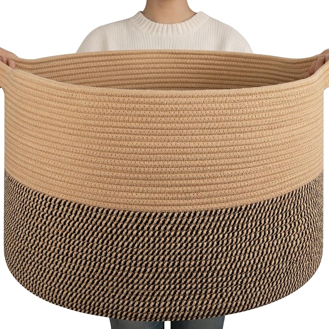 OIAHOMY 90L XXXLarge Blanket Basket for Living Room, 21.7" x 13.8" Woven Cotton Rope Laundry Basket for Organizing Pillows, Decorative Stuffed Animal Toy Storage for Nursery, Jute and Black