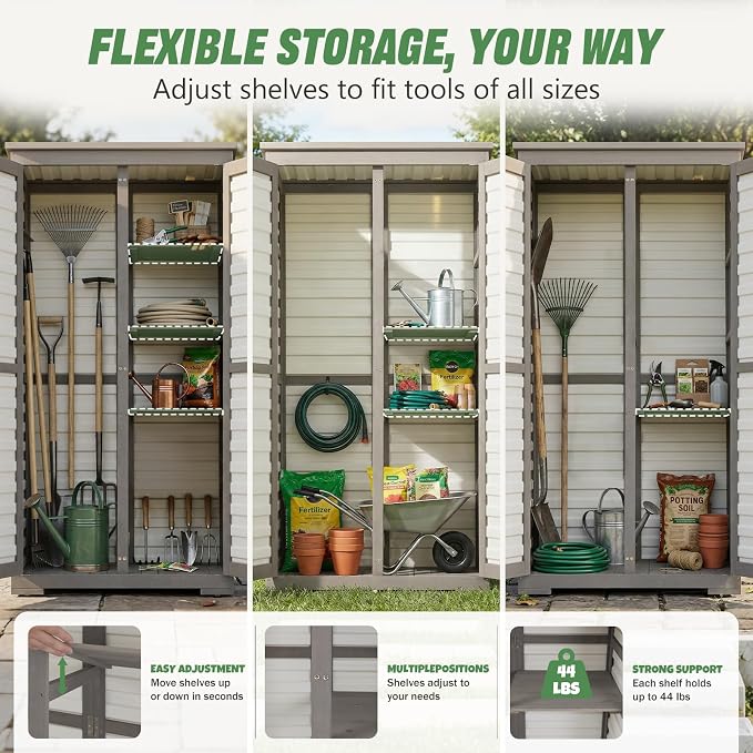 Outdoor Storage Cabinet – Store More in Less Space, Tall Vertical Garden Tool Organizer with 4 Shelves & Long Handle Storage, Weather-Resistant Patio Cabinet for Backyard, Garden, Side Yard