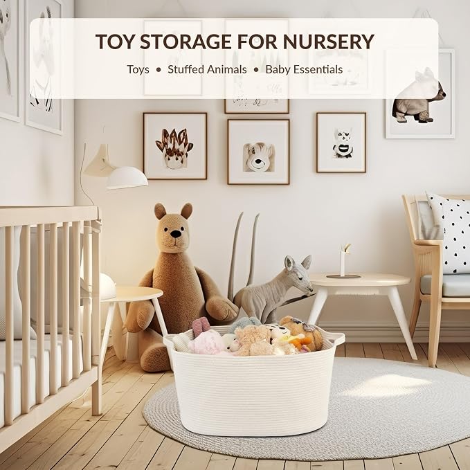 XUANGUO Large Rectangle Woven Cotton Rope Blanket Basket 22"x17"x12" White | Storage basket for nursery and living room; toy basket for kids, dog toy storage, or laundry basket for clothes and towels.