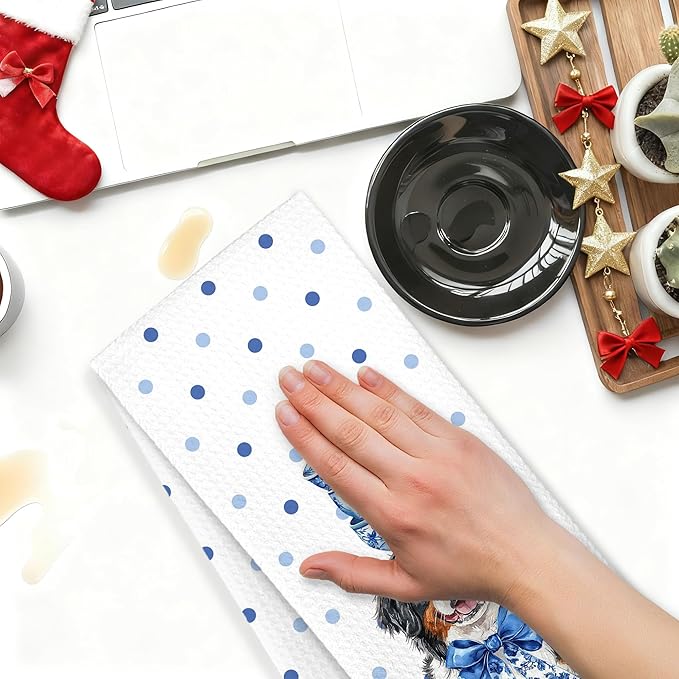 Blue and White Chinoiserie Bernese Mountain Dog Kitchen Towels, Bernese Mountain Dog Gifts Dish Tea Towels, Coquette Bow Cute Dogs Polka Dot Decorative Hand Towel for Bathroom, 16x24 Inch
