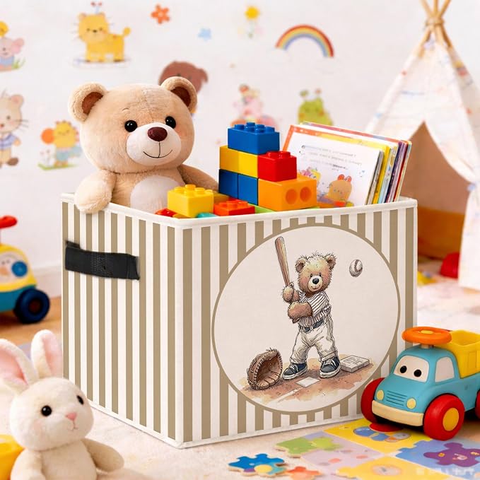 Baseball Teddy Bear Beige Stripe Foldable Fabric Storage Bin | Baseball teddy bear beige stripe design; foldable fabric storage bin for kids room, nursery, playroom, toys, books.