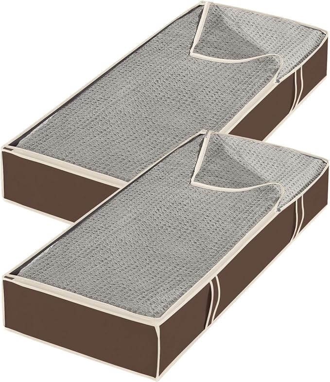 Whitmor Under Bed Storage Bags 2 Pack, Zippered Underbed Storage Containers with Clear Window and Handles, Foldable Clothes Blanket Storage Organizer, 18 x 42 x 6 Inches, Java