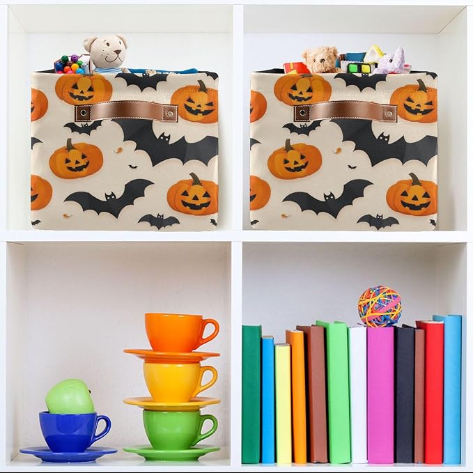Wamika Happy Halloween Storage Basket with Waterproof Liner and PU Handles Spooky Pumpkin Black Bat Storage Bins Boxes 14.2" Collapsible Decorative Organizer Baskets for Bedroom Closet Office 2 Pack